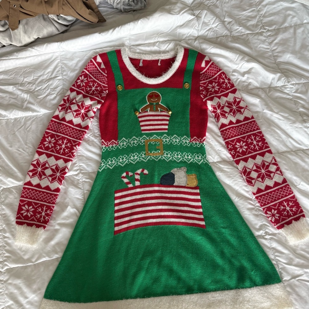 Christmas Elf Sweater Dress Sz Medium Born Famous Striped Decorated Ugly Festive